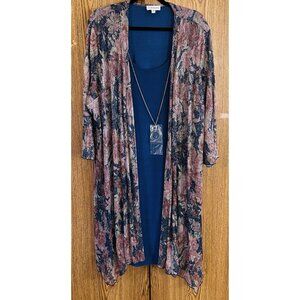 NEW! Luxology Dress 2X Solid Blue w/ Attached Mauve & Blue Floral Sheer Jacket